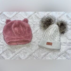Baby Girl Hat Bundle - Fuzzy Hat With Bear Ears & Beanie With Pom Poms